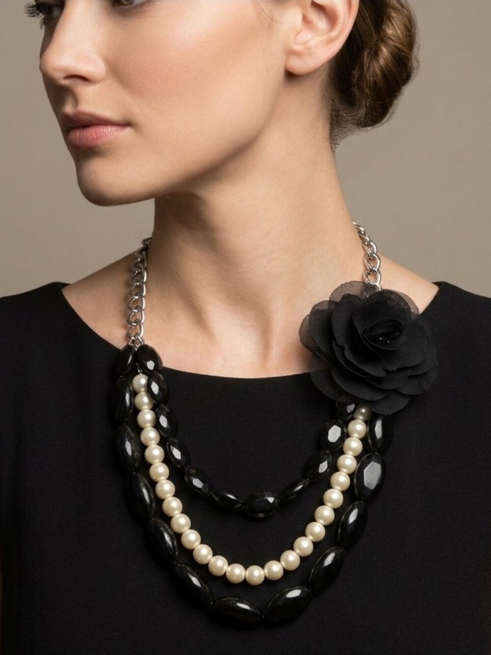 VCLM Multistrand Necklace With Faux Pearls, Black Beads, Fabric Flower